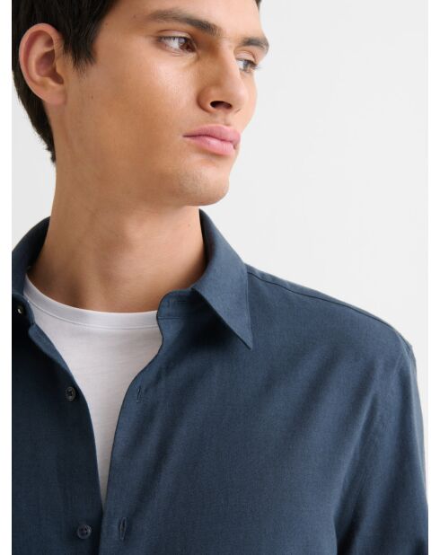 Marineblauw slim overhemd van katoenwol