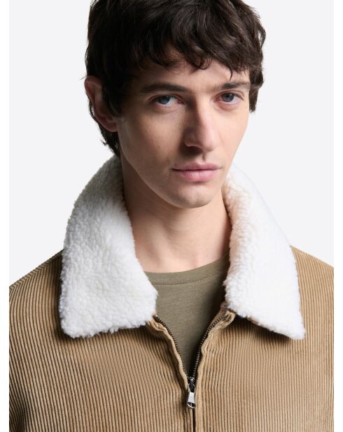 Camelkleurige fluwelen jas met sherpakraag