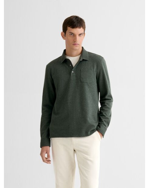 Polo manches longues chiné col boutonné vert bronze
