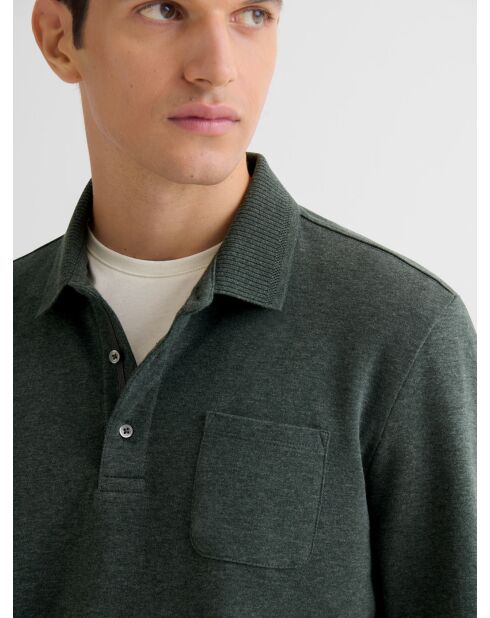 Polo manches longues chiné col boutonné vert bronze