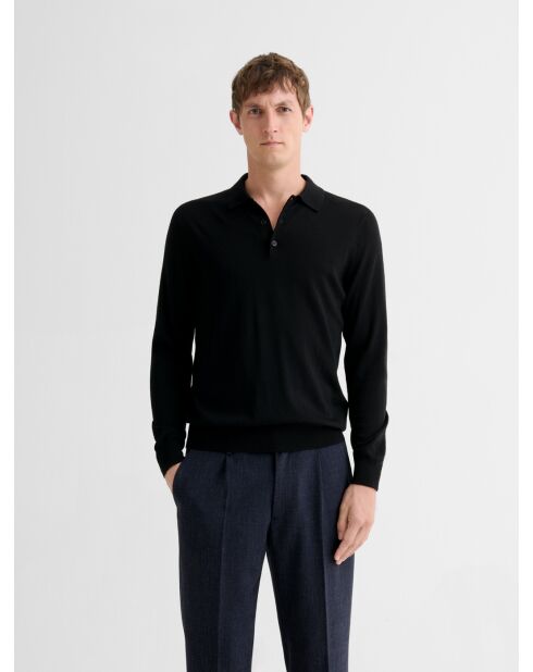 Polo boutonné en laine Mérinos noir