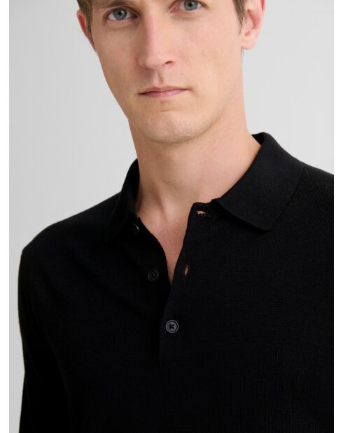 Polo boutonné en laine Mérinos noir