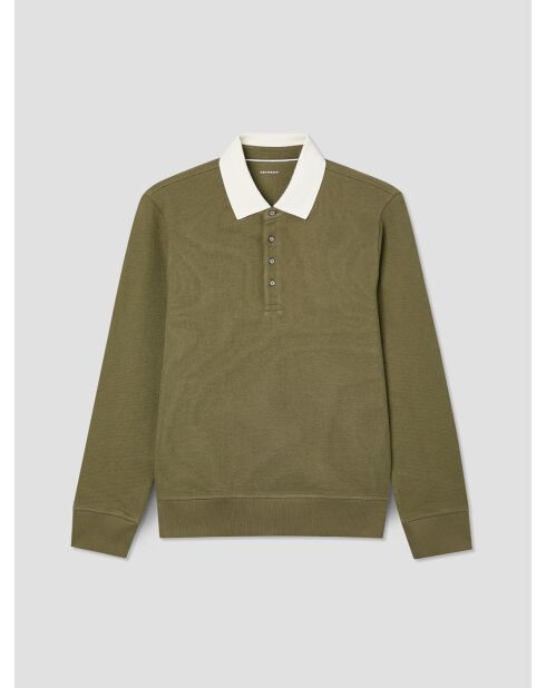 Polo manches longues col boutonné vert olive