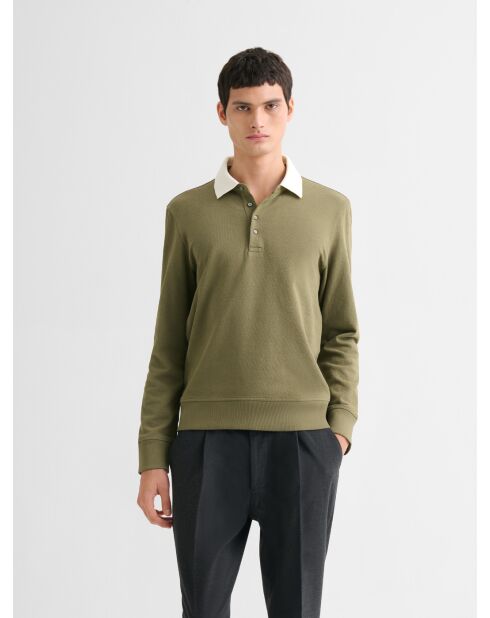 Polo manches longues col boutonné vert olive
