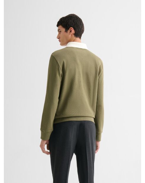 Polo manches longues col boutonné vert olive