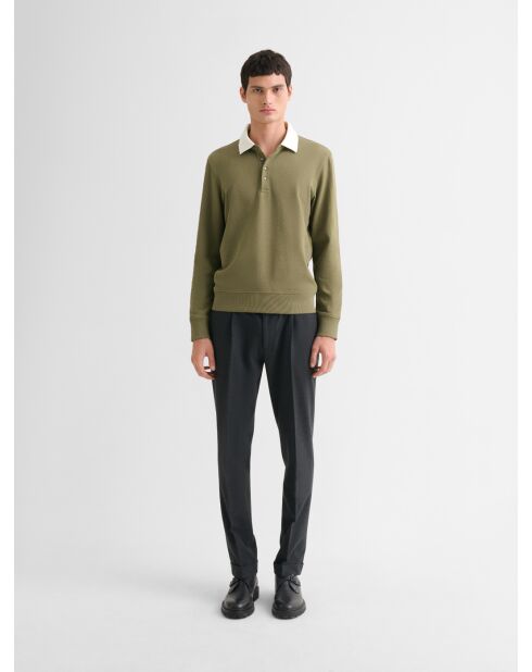 Polo manches longues col boutonné vert olive