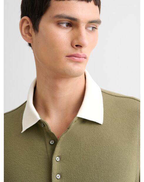 Polo manches longues col boutonné vert olive