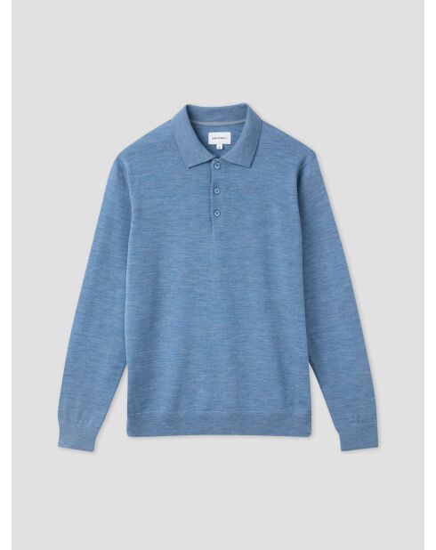 Polo boutonné en laine Mérinos bleu gris