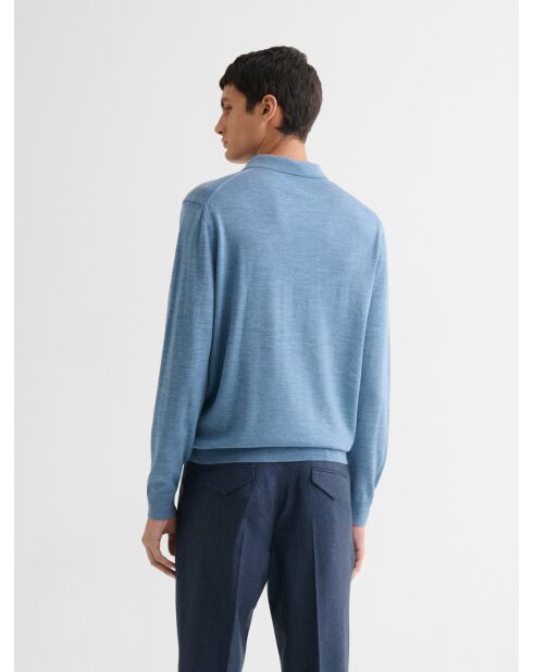 Polo boutonné en laine Mérinos bleu gris