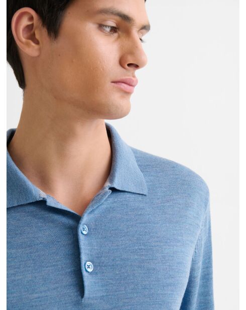 Polo boutonné en laine Mérinos bleu gris