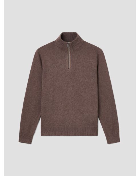 Taupefarbener Pullover mit Stehkragen aus Baumwolle mit Reißverschluss 2