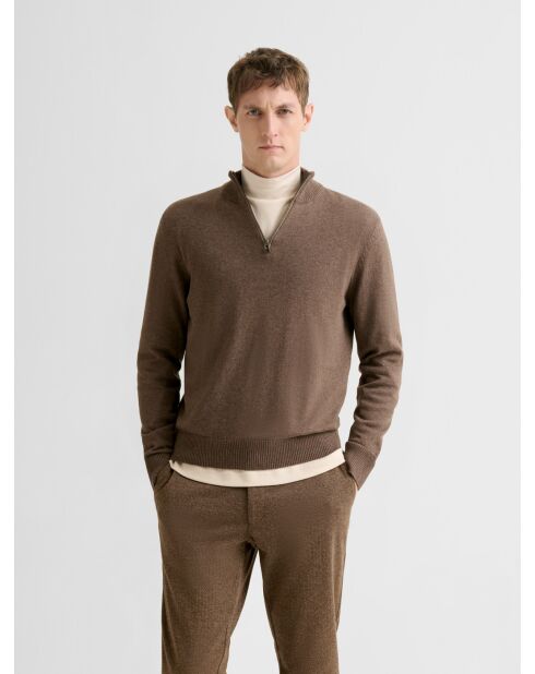 Taupefarbener Pullover mit Stehkragen aus Baumwolle mit Reißverschluss 2