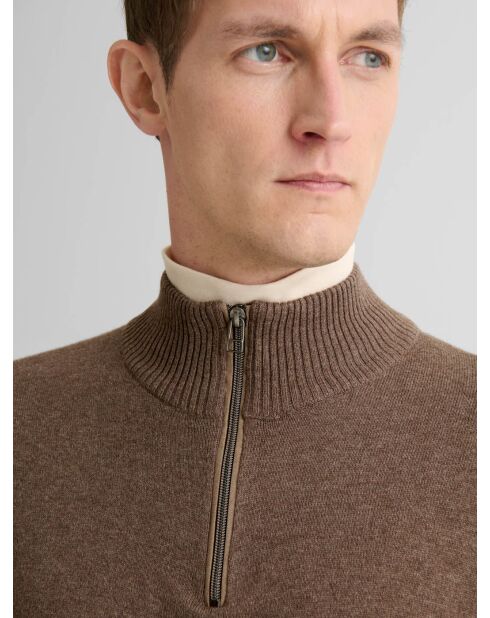 Taupefarbener Pullover mit Stehkragen aus Baumwolle mit Reißverschluss 2