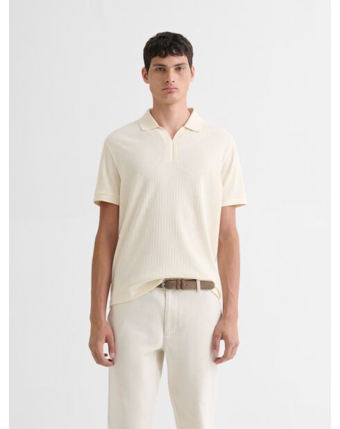 Polo col V effet maille beige clair