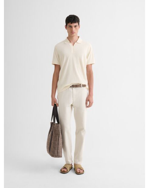 Polo col V effet maille beige clair