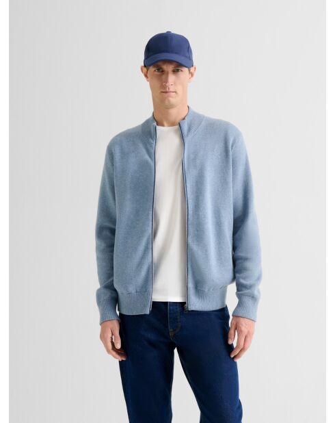 Cardigan col montant en coton cachemire bleu gris 2
