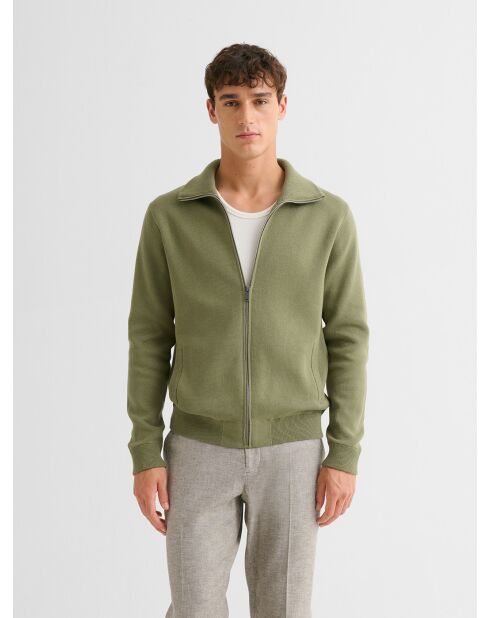 Cardigan col montant zippé en coton vert amande 2
