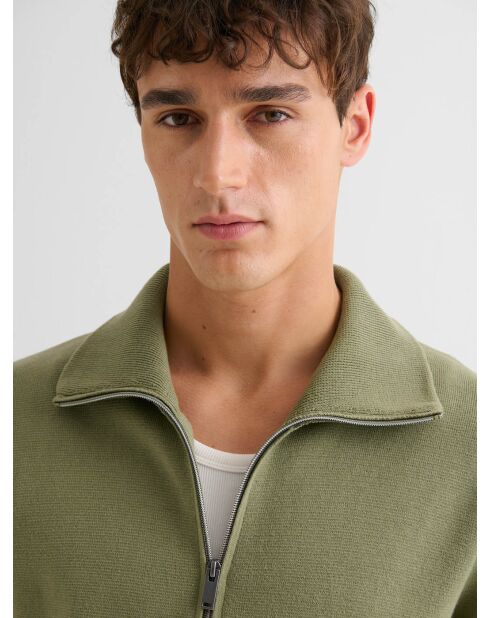 Cardigan col montant zippé en coton vert amande 2