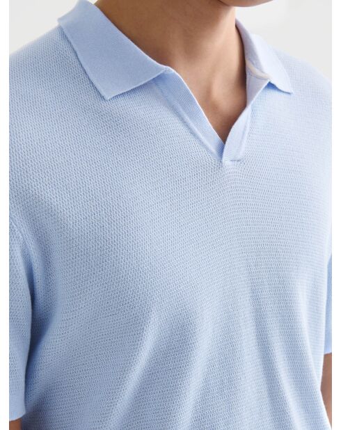 Polo maille col ouvert coton biologique bleu ciel