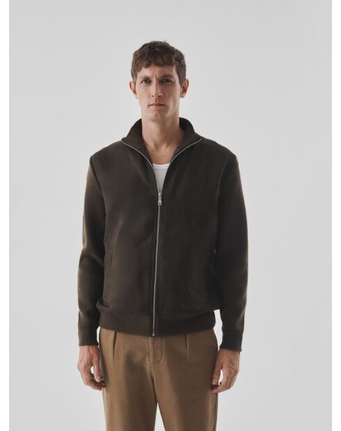Cardigan zippé bi-matière café