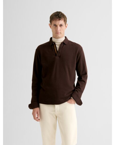 Polo boutonné gauffré marron 2