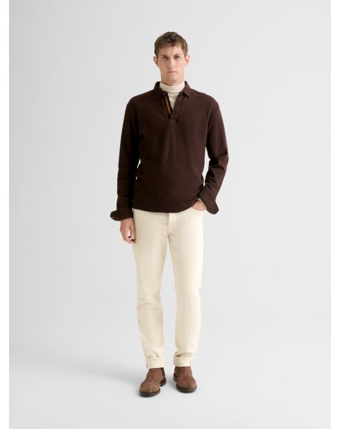 Polo boutonné gauffré marron 2