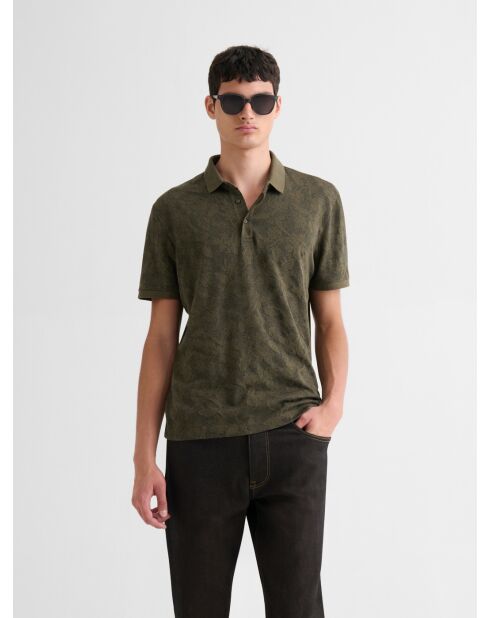 Polo boutonné fleuri vert olive