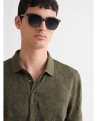 Polo boutonné fleuri vert olive