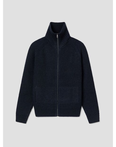 Cardigan zippé col montant maille perlée bleu marine