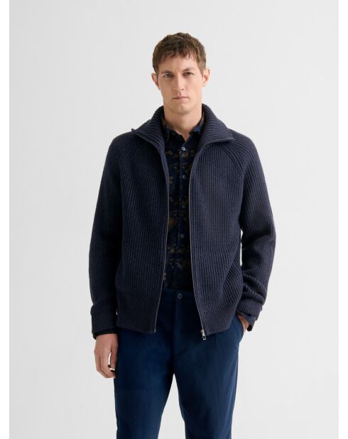 Cardigan zippé col montant maille perlée bleu marine