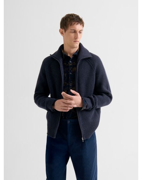 Cardigan zippé col montant maille perlée bleu marine