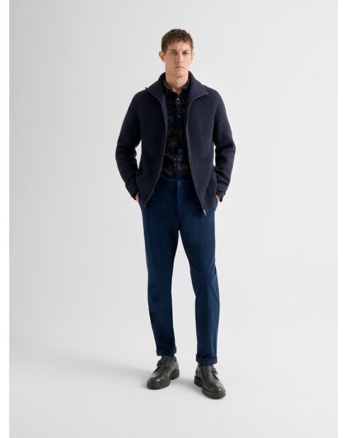 Cardigan zippé col montant maille perlée bleu marine