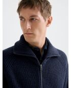 Cardigan zippé col montant maille perlée bleu marine