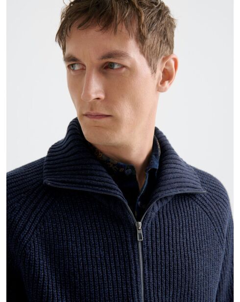 Cardigan zippé col montant maille perlée bleu marine