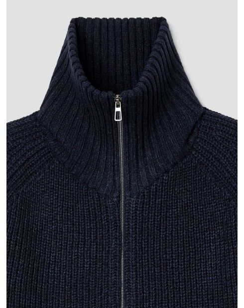 Cardigan zippé col montant maille perlée bleu marine