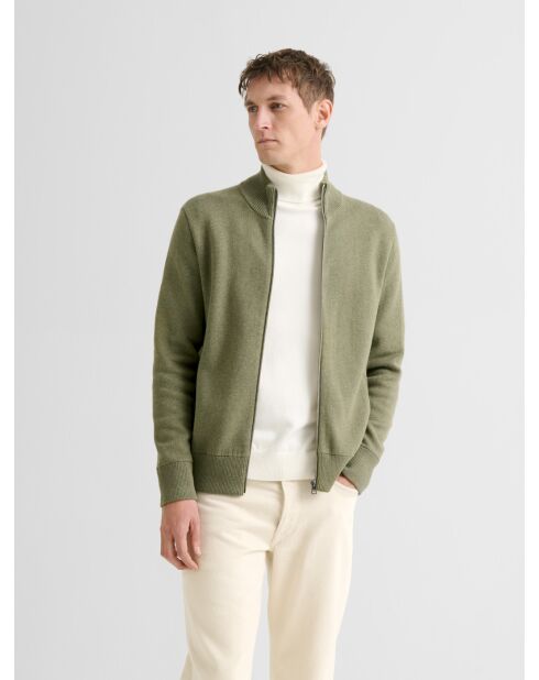 Cardigan col montant en coton cachemire vert 2