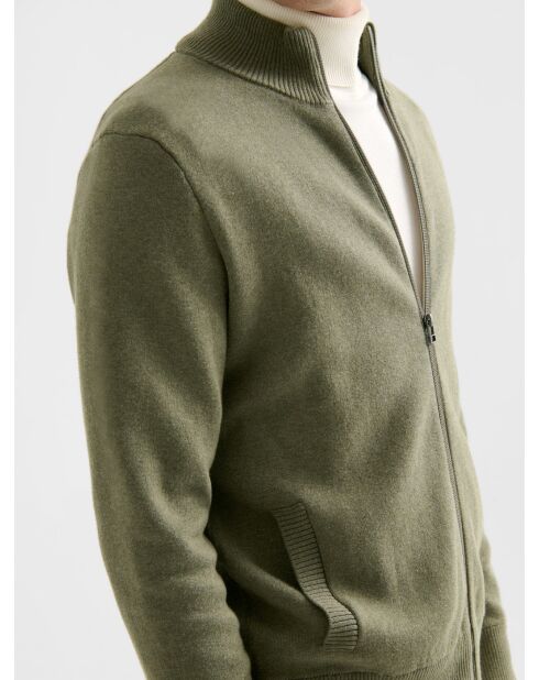 Cardigan col montant en coton cachemire vert 2
