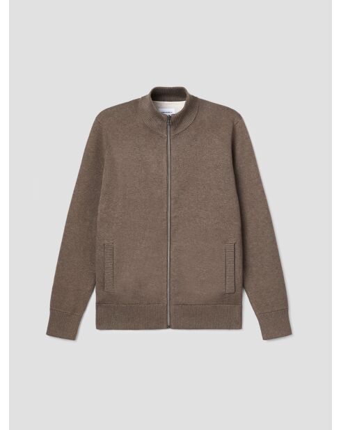 Cardigan col montant en coton cachemire taupe 2