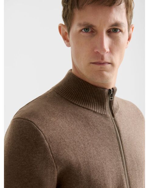 Cardigan col montant en coton cachemire taupe 2