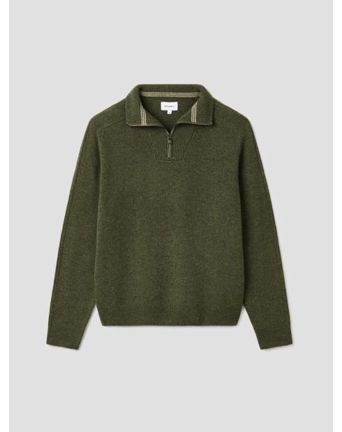 Dunkelkhakifarbener Pullover aus Wollmischung mit Truckerkragen