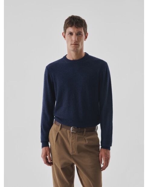 Maglione girocollo blu inchiostro effetto scacchiera