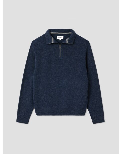 Pullover mit Truckerkragen aus gewaschener indigofarbener Wollmischung
