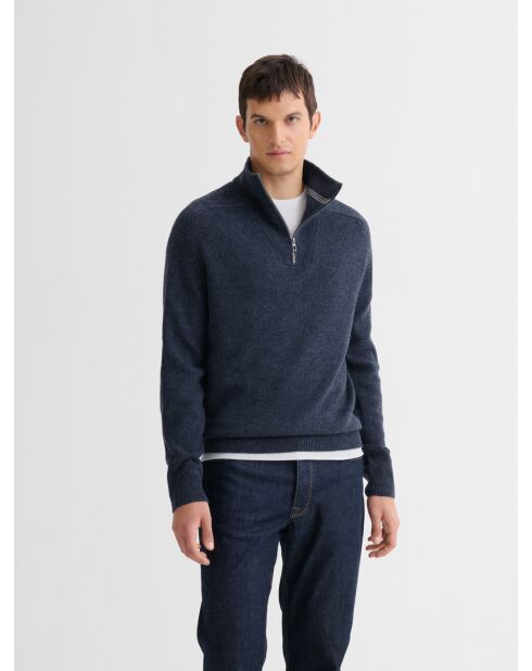 Pullover mit Truckerkragen aus gewaschener indigofarbener Wollmischung