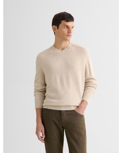 Sandbeiger Pullover mit V-Ausschnitt aus Wollmischung
