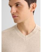 Sandbeiger Pullover mit V-Ausschnitt aus Wollmischung