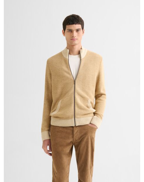 Cardigan col montant bicolore beige officier