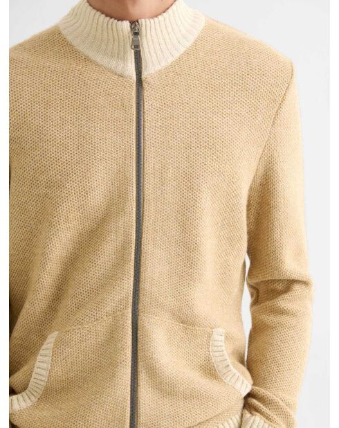 Cardigan col montant bicolore beige officier
