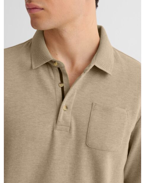 Polo manches longues chiné col boutonné noisette