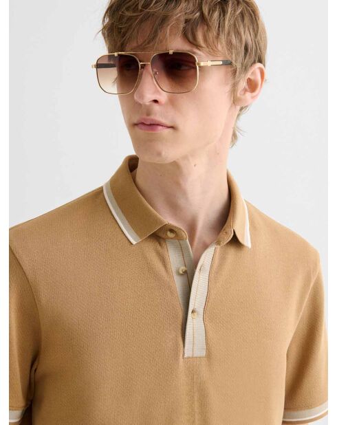 Polo boutonné en coton camel