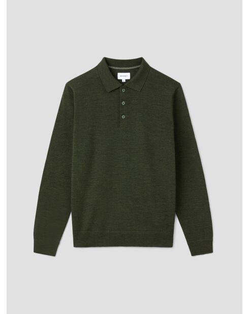 Polo boutonné en laine Mérinos kaki foncé